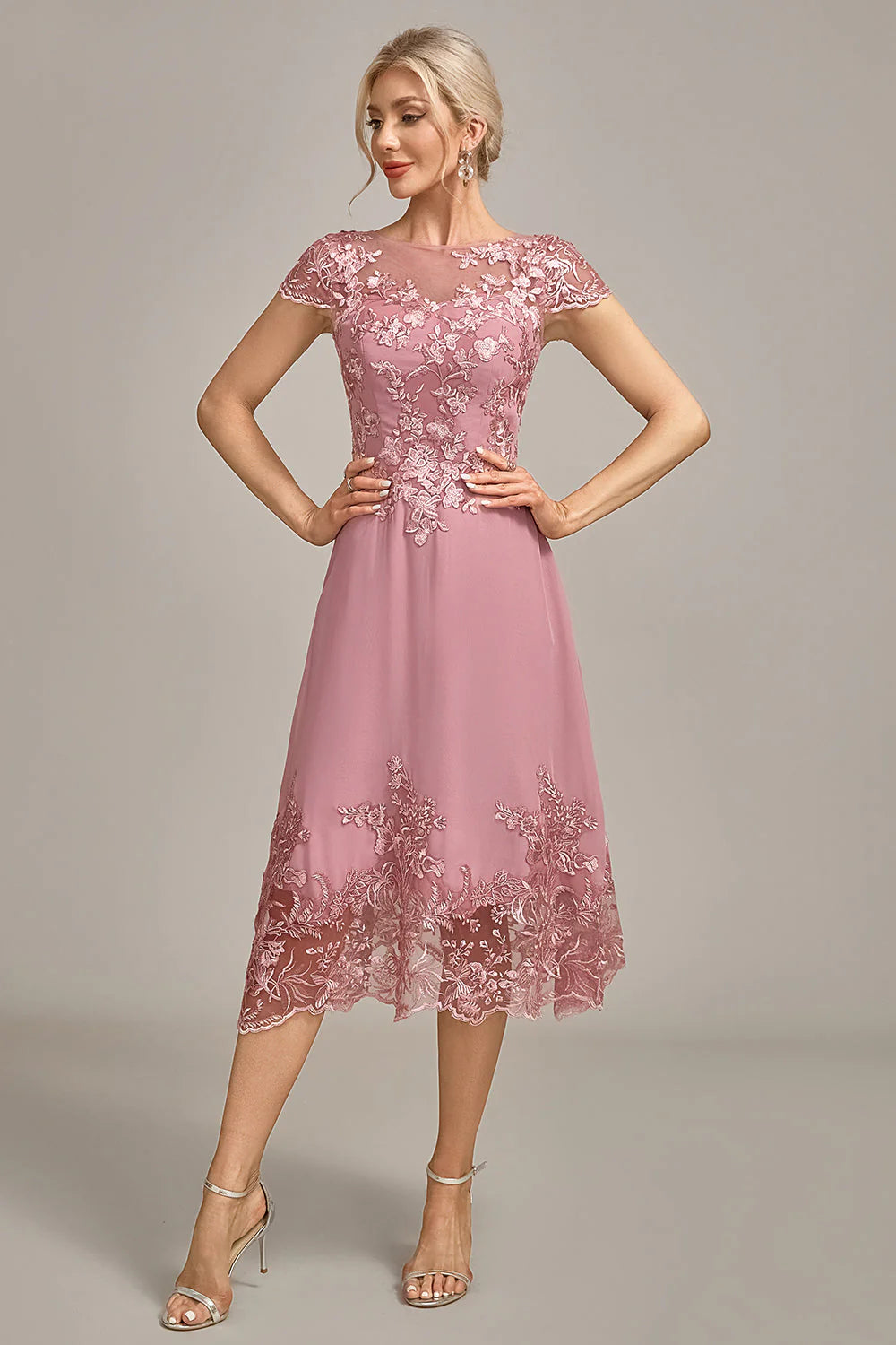 Dusty Rose A-Line Tea-Length Full Of Charm Mother of the Bride Dresses